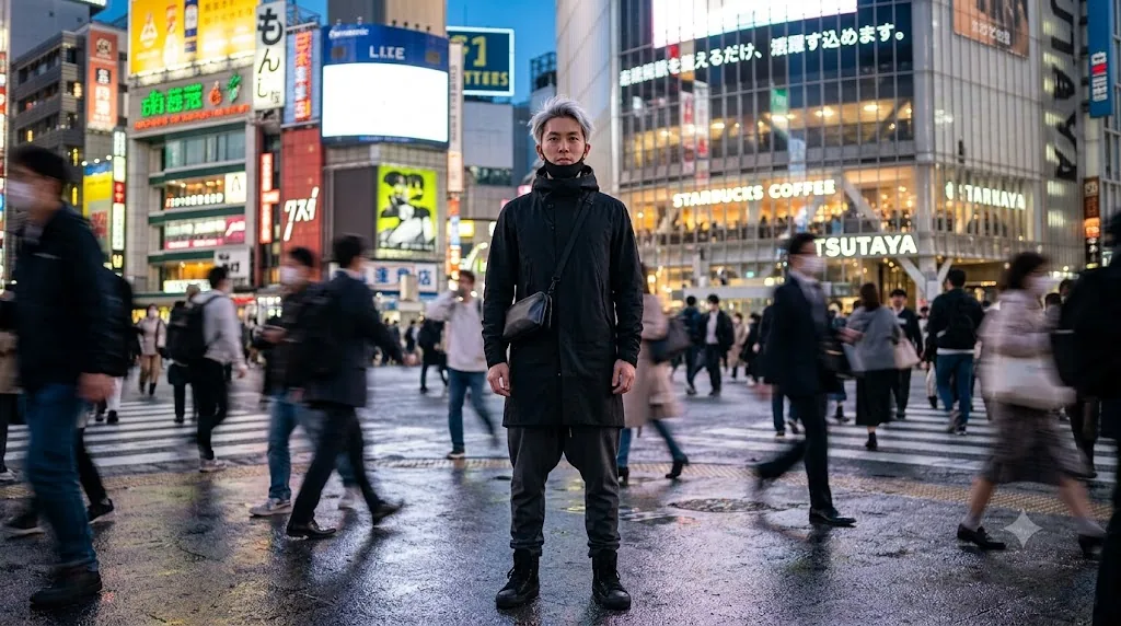 Gemini AI boy-style photo prompt example - Shibuya Crossing Blue Hour