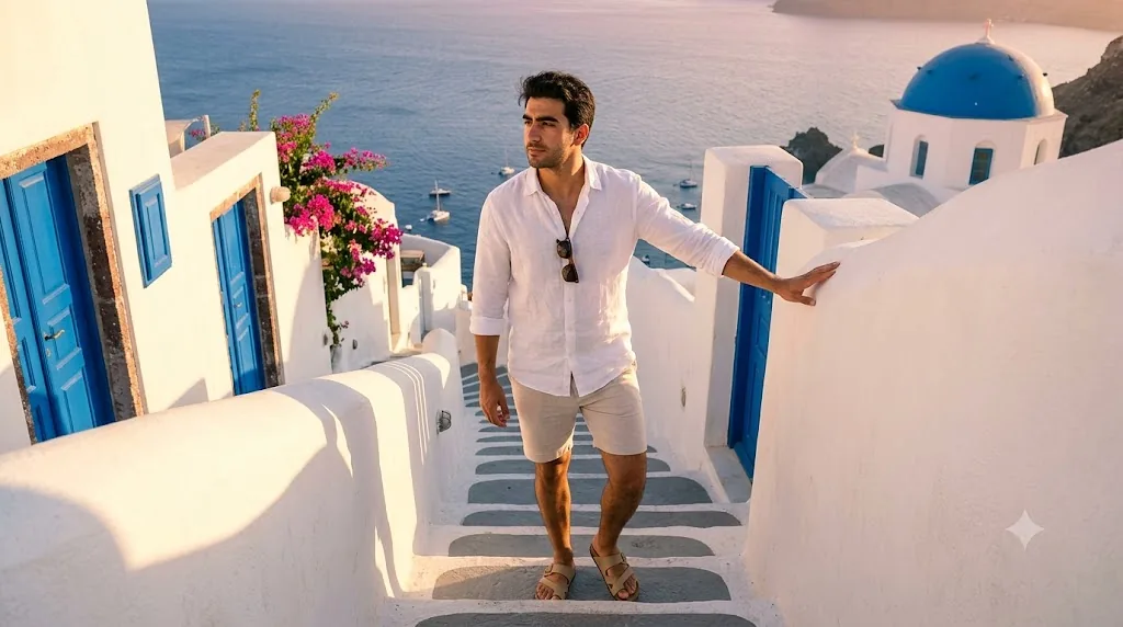 Gemini AI boys photo prompt example - Santorini Blue Dome Sunset