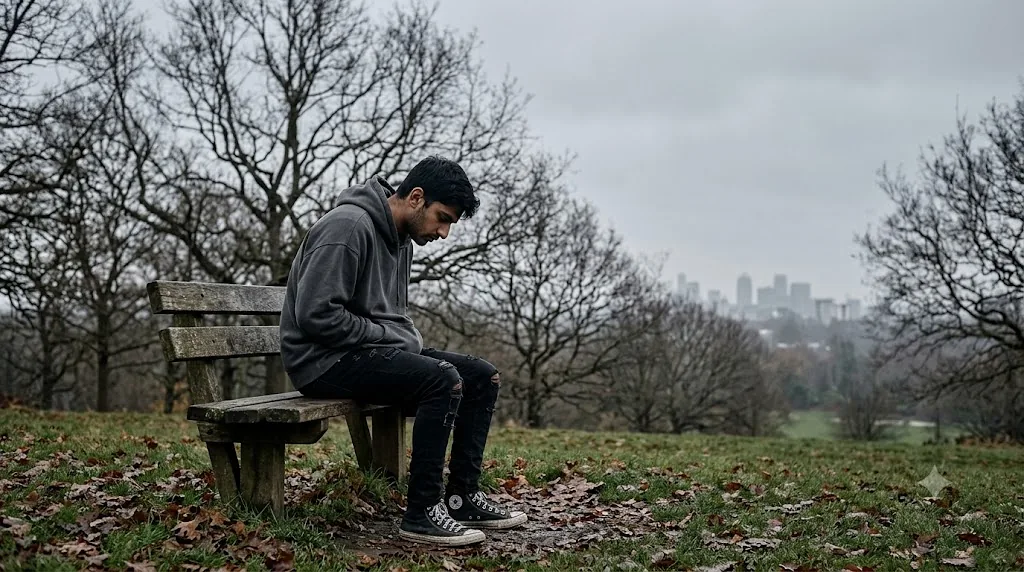 Gemini AI boys photo prompt example - Alone on a London Bench