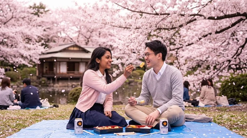 Gemini AI couple photo prompt example - Tokyo Shinjuku Gyoen Cherry Blossoms