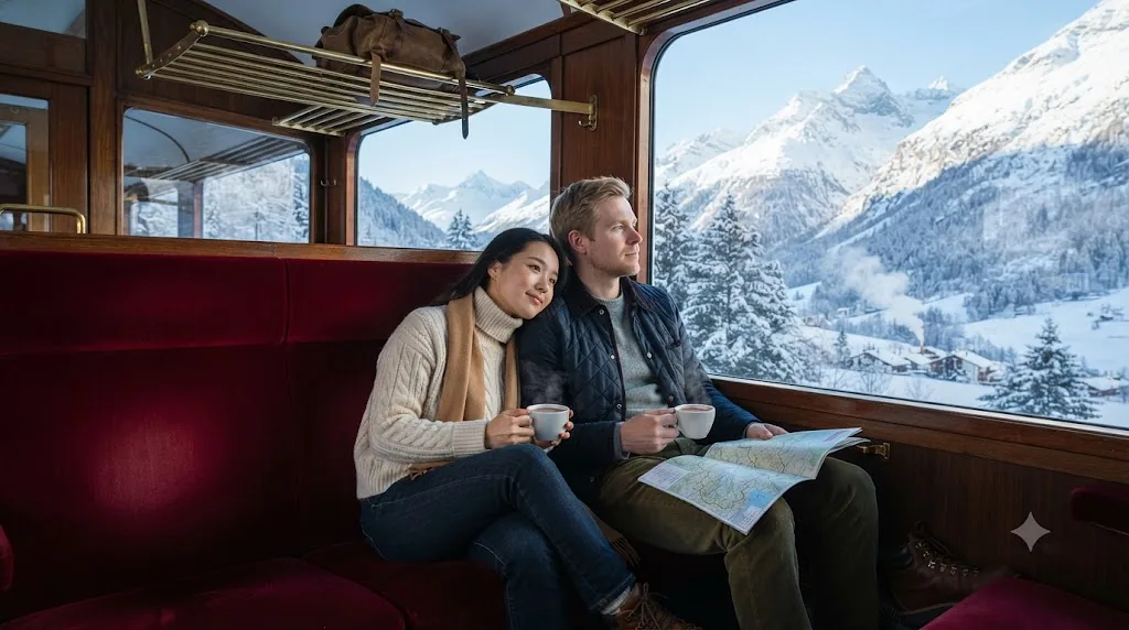 Gemini AI couple photo prompt example - Swiss Alps train