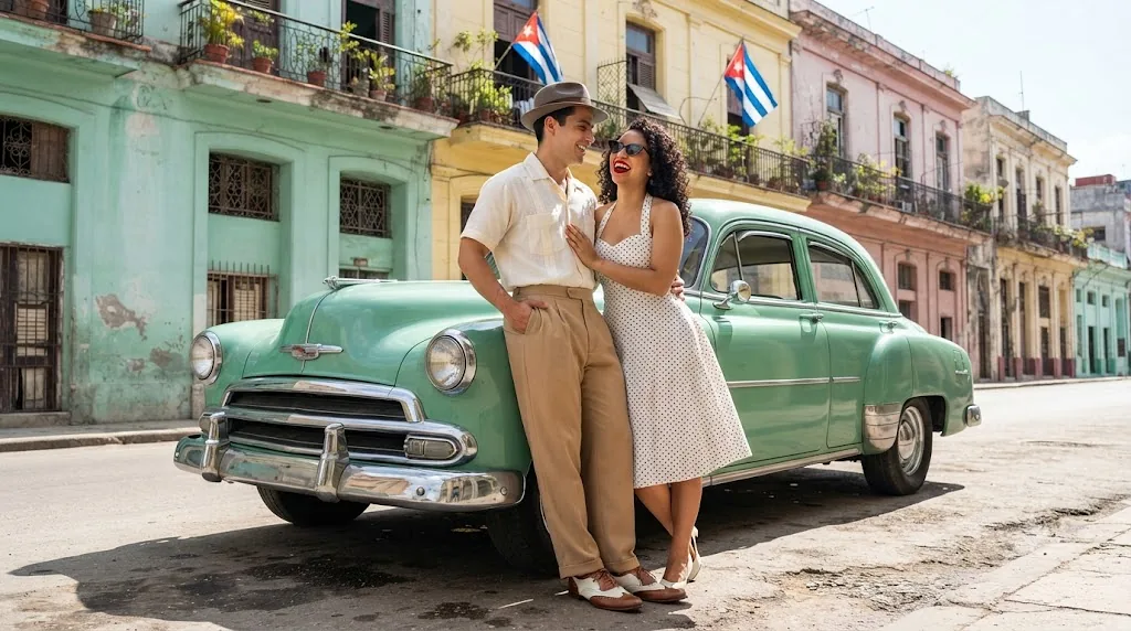Gemini AI couple photo prompt example - Havana classic car