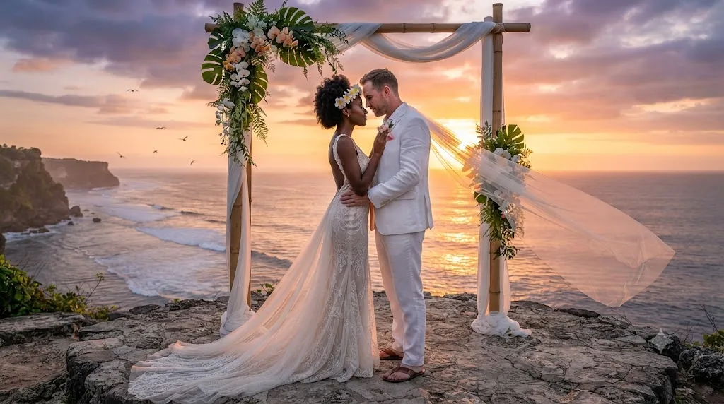 Gemini AI couple photo prompt example - Bali cliffside ceremony