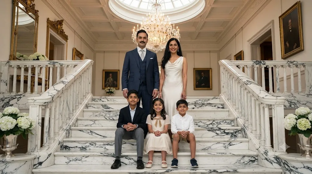 Gemini AI family photo prompt example - Grand marble staircase