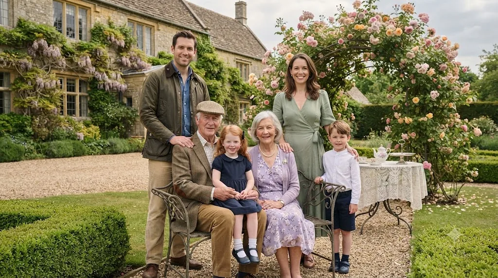 Gemini AI family photo prompt example - English country garden