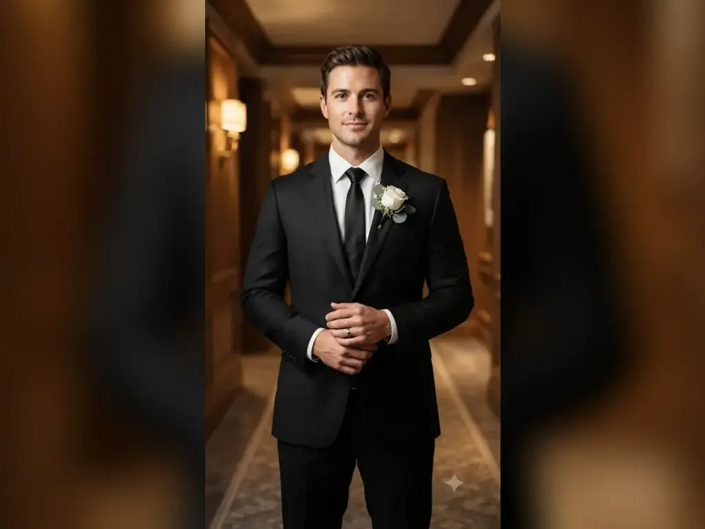 Black Suit Groom Portrait — AI photo generated with Gemini, free prompt on VelaPrompt
